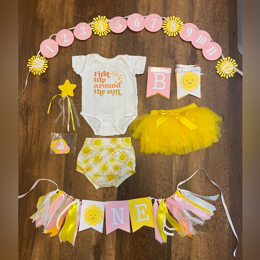 First Trip Around The Sun 1st Birthday Bundle - baby girl outfit + decor